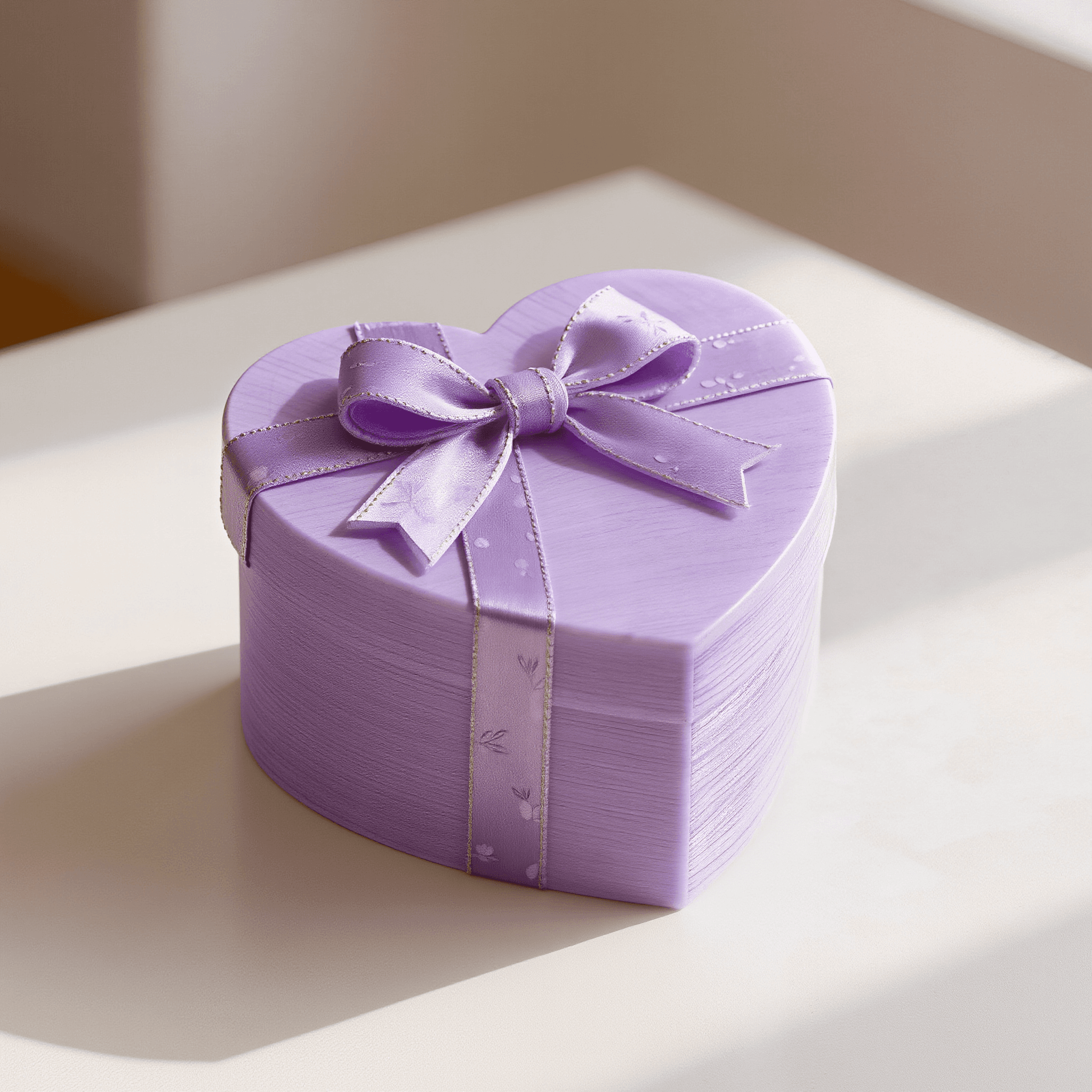 3D-printed heart-shaped gift box with a printed ribbon bow