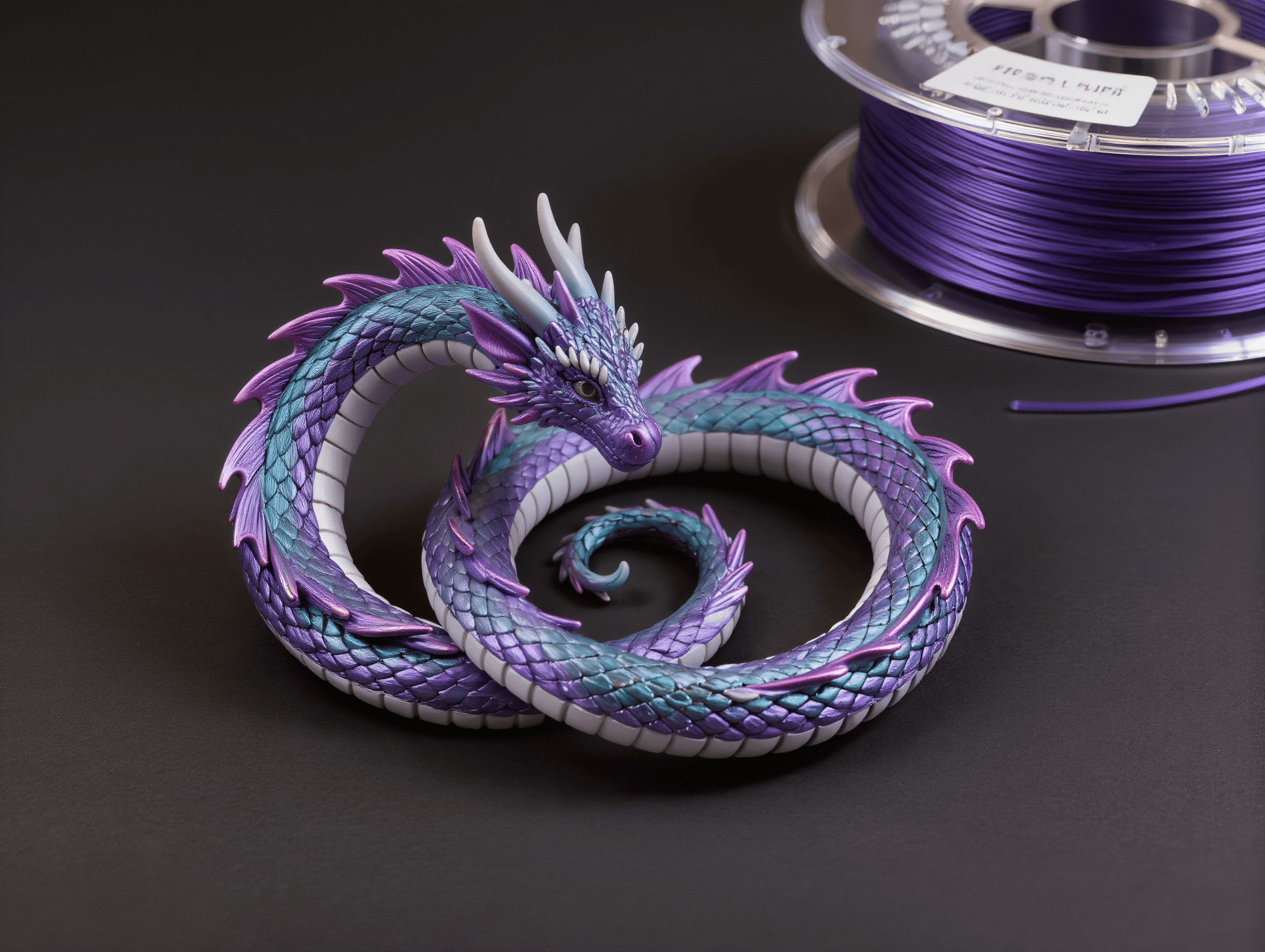 Full-color 3D-printed articulated dragon, iridescent purple and teal